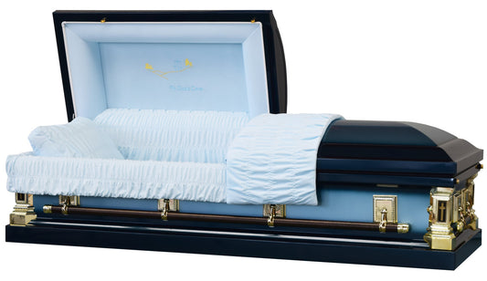 In God's Care Spruce Blue Casket with Blue Velvet Interior- Metal Casket