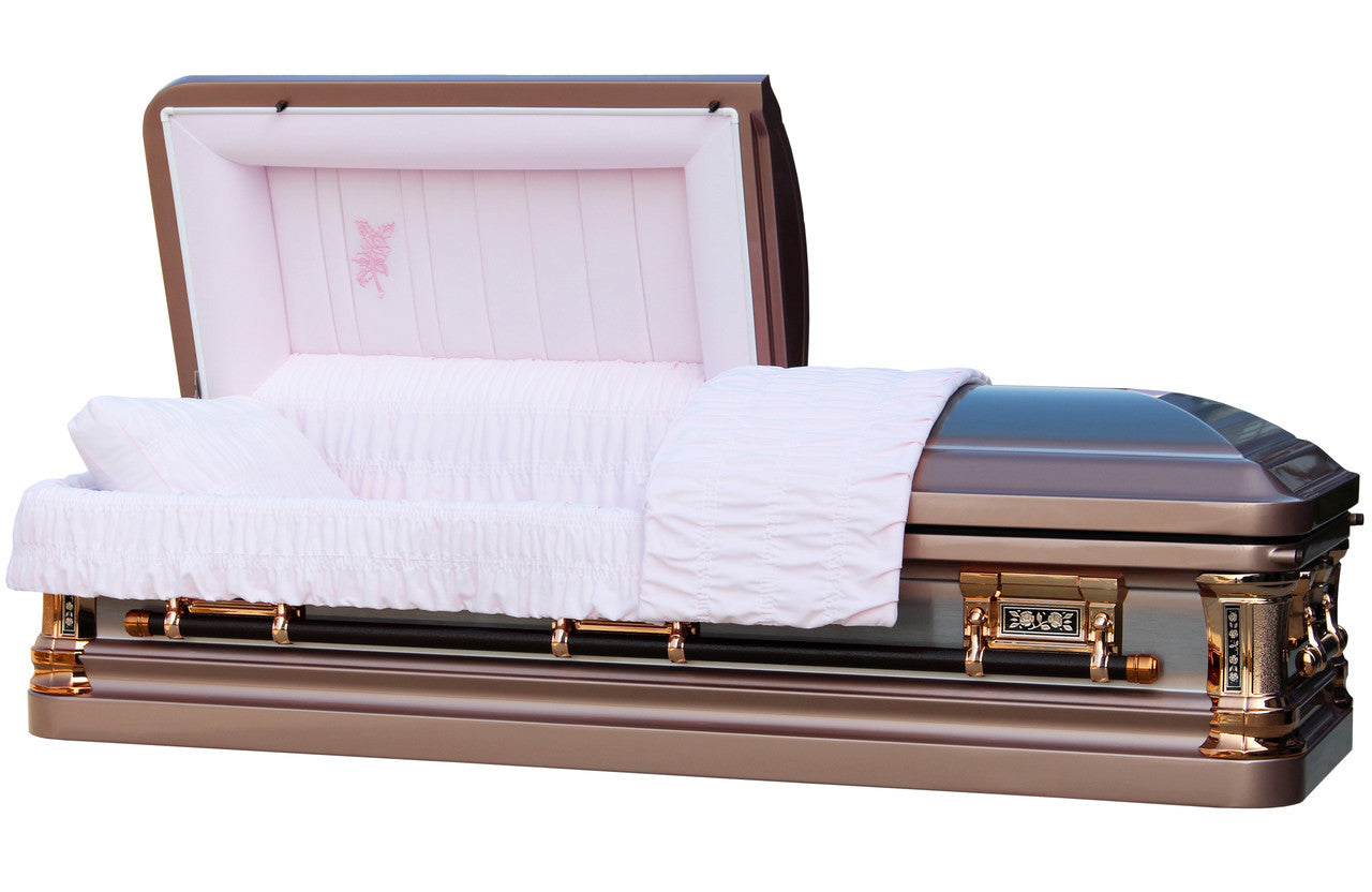 Silver Rose Brush Casket with Pink Velvet Interior - Metal Casket