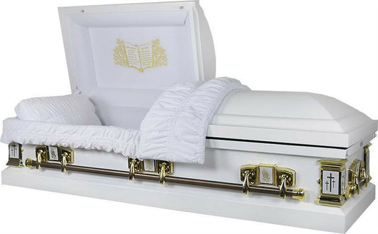 'White Cross' Lords Prayer Casket with White Velvet Interior - Metal Casket