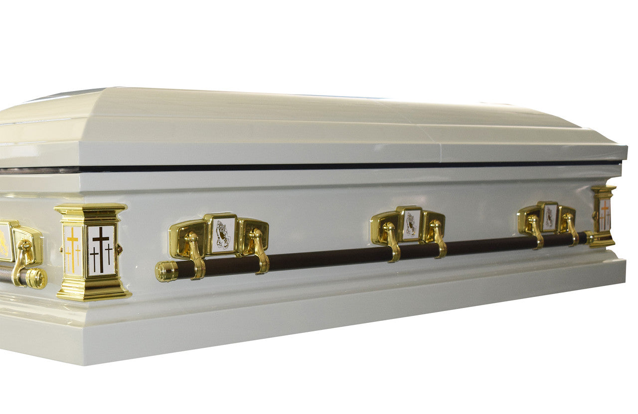 'White Cross' Lords Prayer Casket with White Velvet Interior - Metal Casket