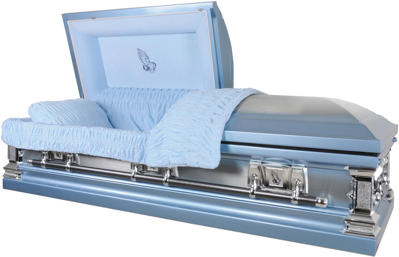 Praying Hands Casket Monarch Blue with Blue Velvet Interior - Metal Casket