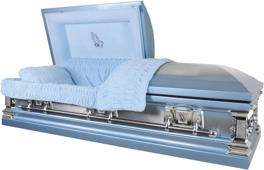 Praying Hands Casket Monarch Blue with Blue Velvet Interior - Metal Casket