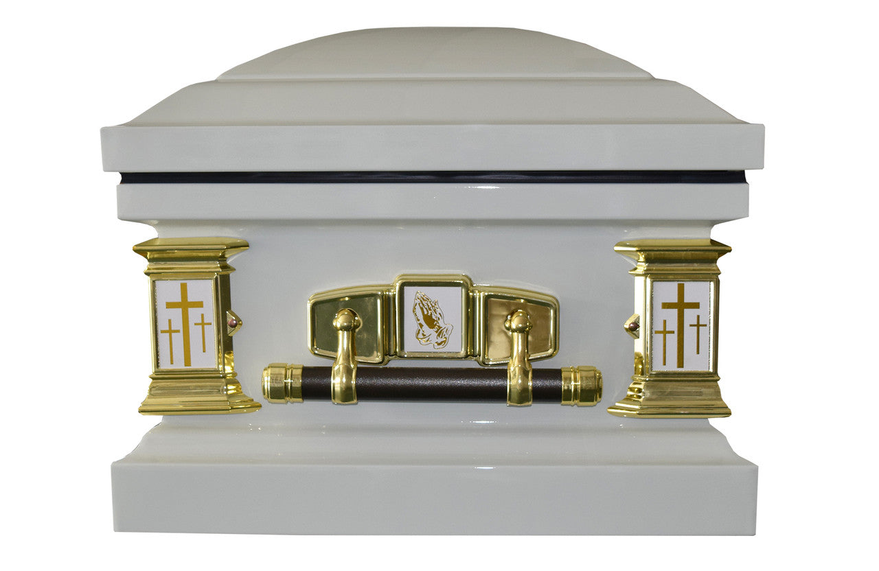 'White Cross' Lords Prayer Casket with White Velvet Interior - Metal Casket